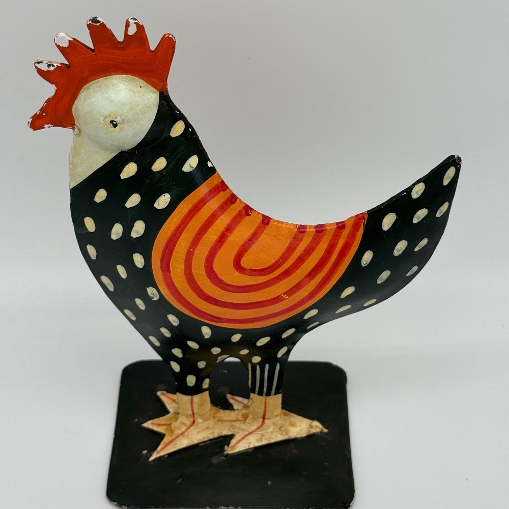 Vintage Pier 1 Metal Rooster Figurine Hand Painted Polka Dot Farmhouse 8"